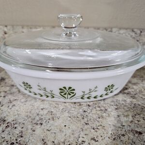 Elegant White Glasbake Casserole Dish with Green Floral Design